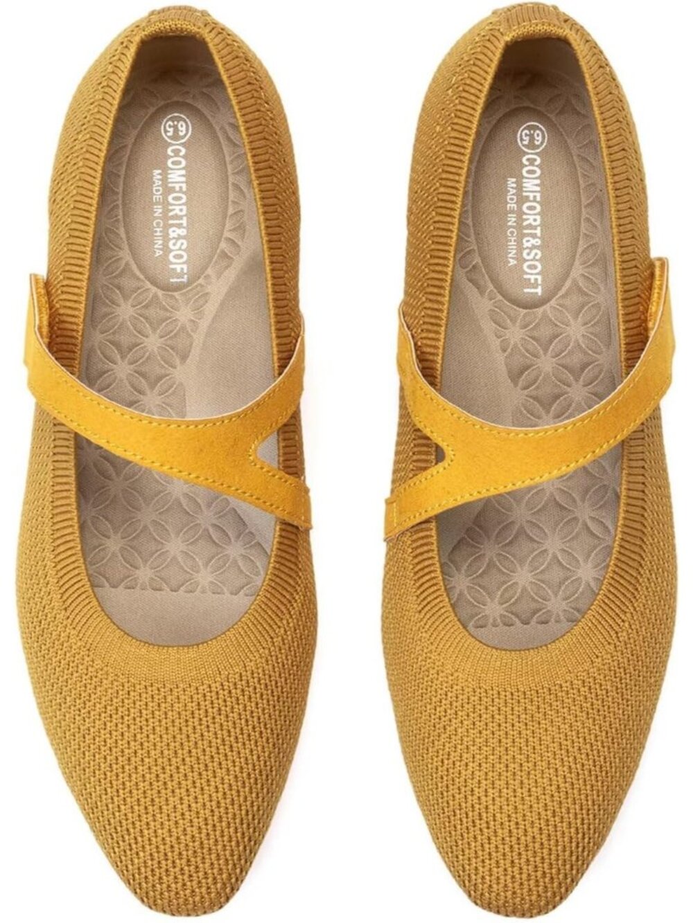 Women's Yellow Knitted Mary Jane Square Toe Comfortable Ballet Flat Shoes